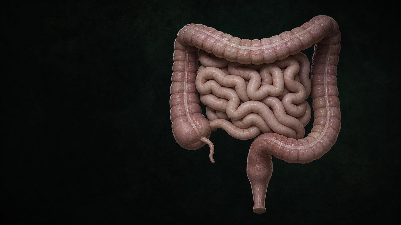 An editorial medical illustration of the small intestine and colon on a dark green background
