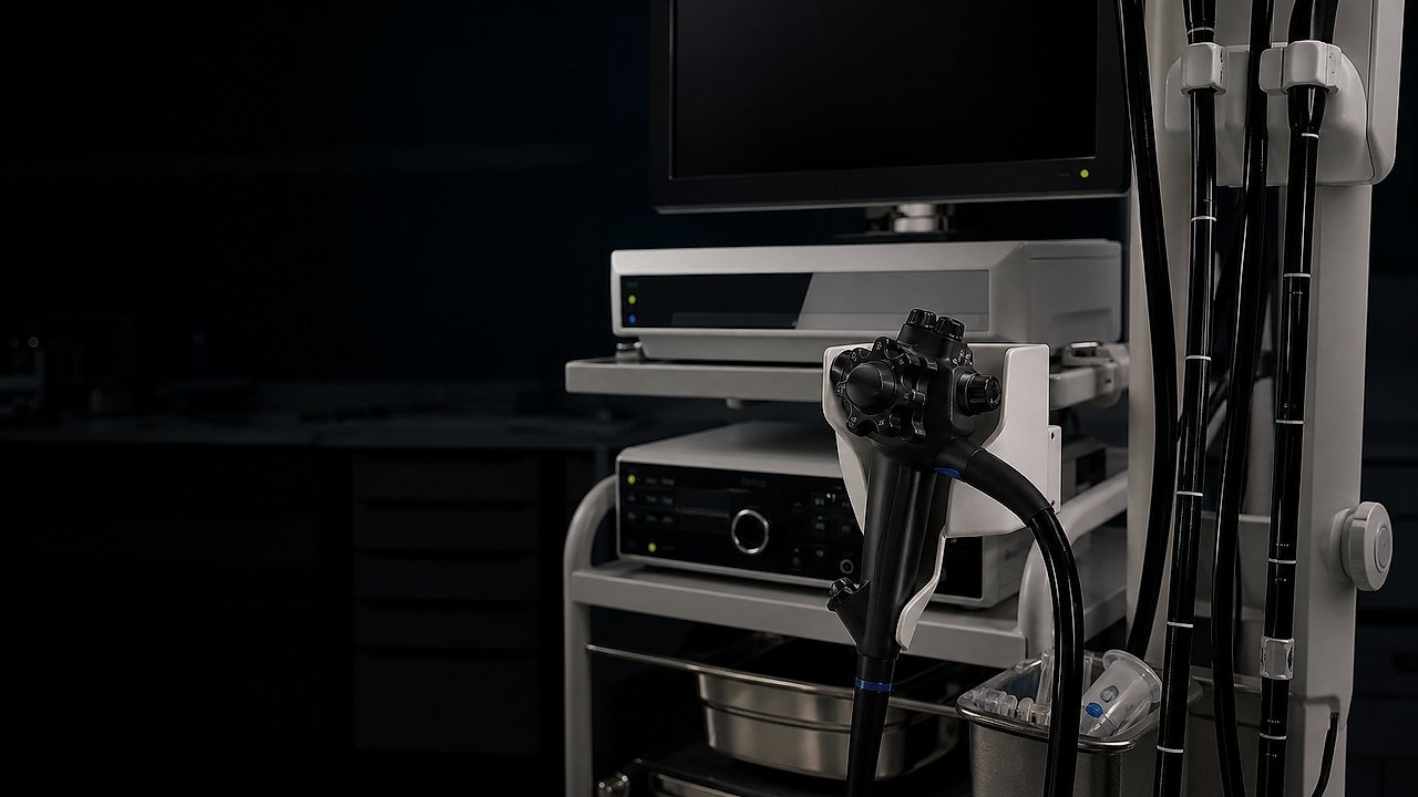 A documentary-style view of a modern endoscopy console and control equipment with no patient present
