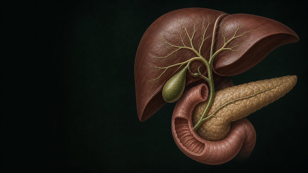 An editorial medical illustration of the liver, gallbladder, bile ducts, pancreatic head and duodenum
